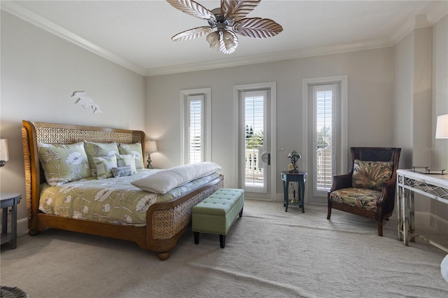 bedroom featuring carpet, access to exterior, a ceiling fan, and ornamental molding