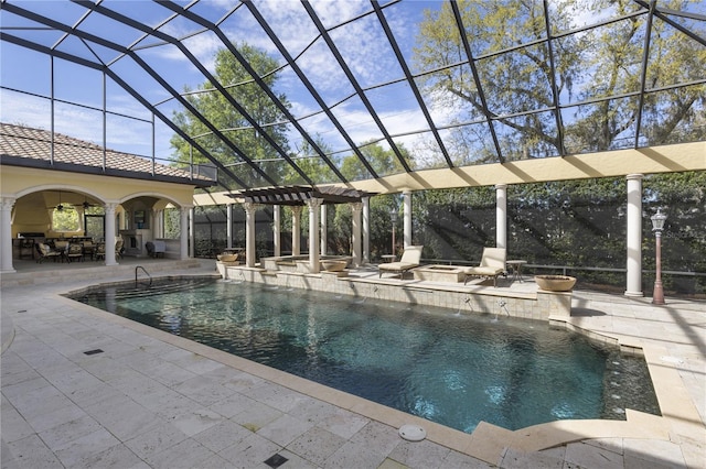 outdoor pool featuring ceiling fan, a patio, a pergola, and a lanai