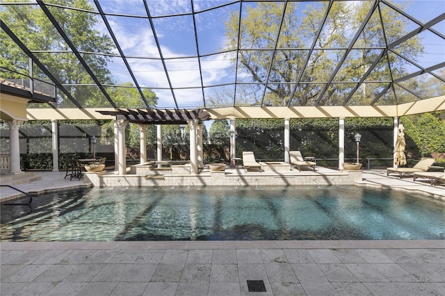 pool featuring a patio, a pergola, and a lanai