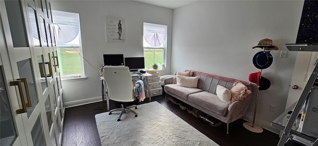 home office with a wealth of natural light, dark wood-style floors, and baseboards