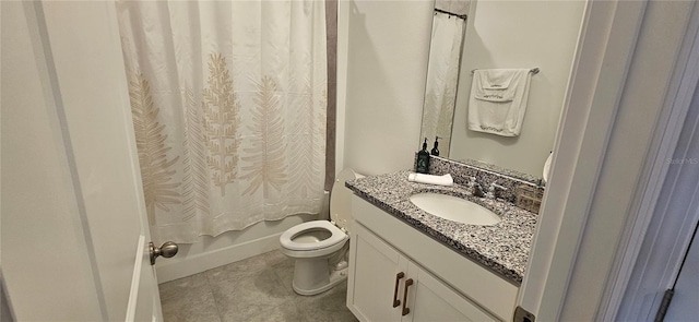 bathroom featuring shower / bathtub combination with curtain, toilet, and vanity