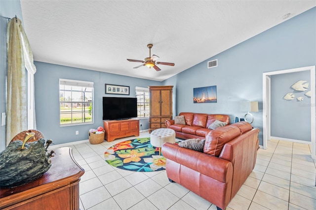 3580 Savannahs Trl, Merritt Island, FL 32953 - living room with light tile patterned floors, ceiling fan, a textured ceiling, vaulted ceiling, and visible vents