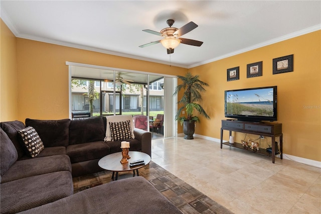 living room featuring a ceiling fan, baseboards, and ornamental molding