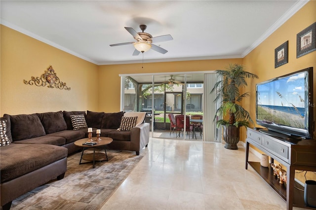 tiled living room with ceiling fan and ornamental molding