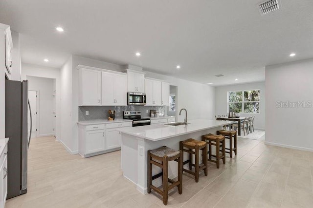 kitchen with visible vents, a sink, tasteful backsplash, appliances with stainless steel finishes, and white cabinets