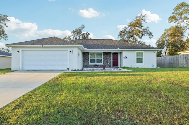 3176 SW 127th St, Ocala, FL 34473 - ranch-style house with stucco siding, an attached garage, driveway, and stone siding