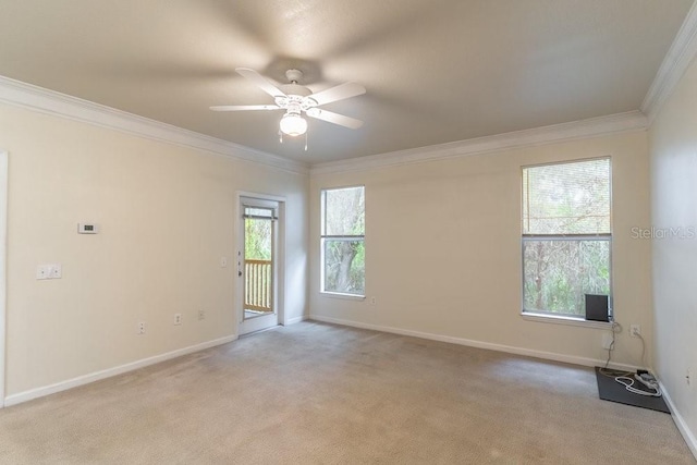 unfurnished room with crown molding, plenty of natural light, and light carpet