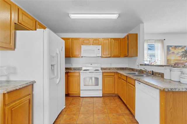 kitchen featuring visible vents, a sink, a textured ceiling, white appliances, and light tile patterned floors