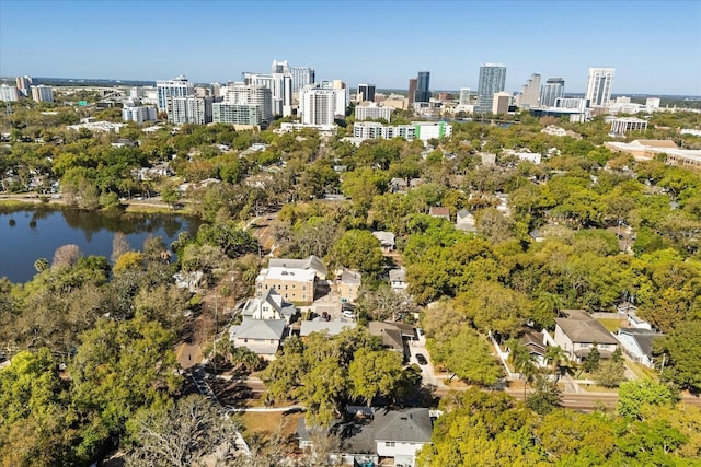 aerial view featuring a water view and a city view