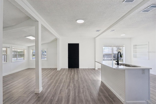 kitchen with a sink, visible vents, an island with sink, and wood finished floors