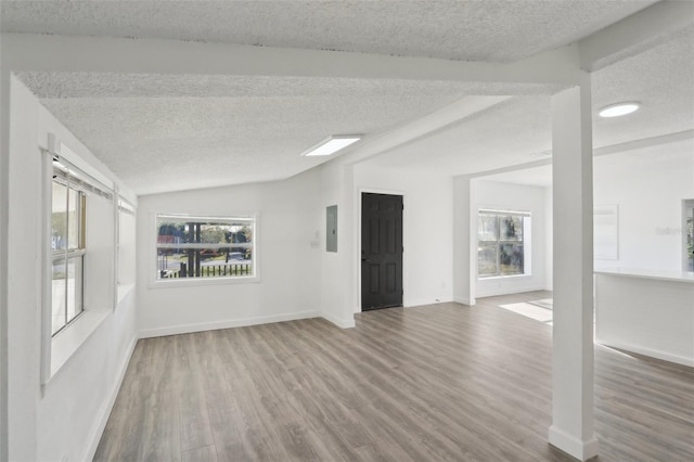 spare room with baseboards, lofted ceiling, electric panel, wood finished floors, and a textured ceiling