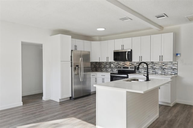 kitchen with visible vents, backsplash, appliances with stainless steel finishes, and a sink