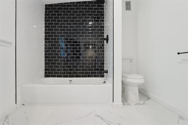 bathroom with baseboards, visible vents,  shower combination, toilet, and marble finish floor