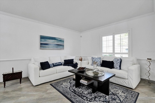 living area featuring crown molding