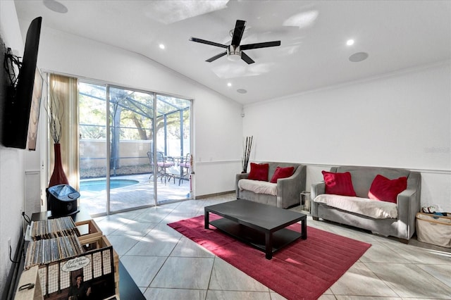 tiled living area with recessed lighting, baseboards, ceiling fan, and vaulted ceiling