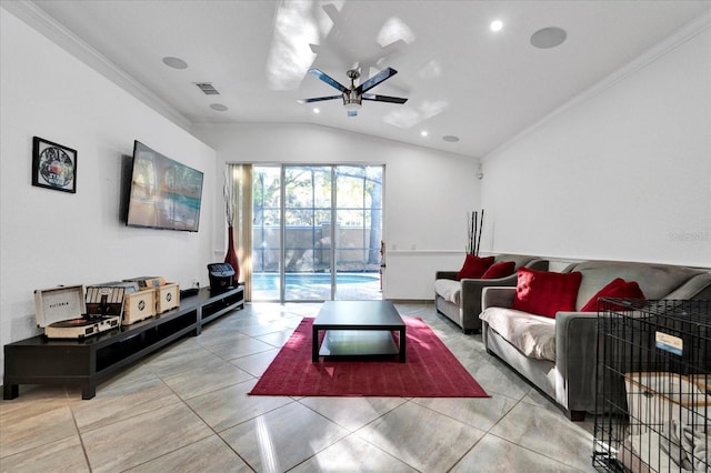 living area featuring lofted ceiling, light tile patterned floors, crown molding, and ceiling fan