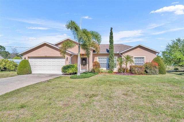 ranch-style house with stucco siding, driveway, a front yard, and an attached garage