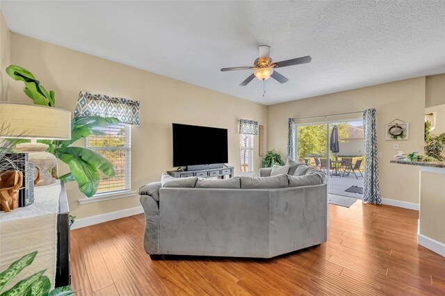 living area featuring baseboards, a textured ceiling, a ceiling fan, and light wood finished floors