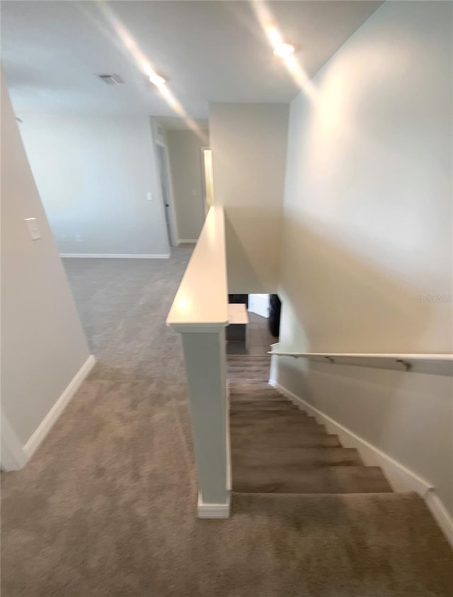 stairway with baseboards and carpet floors