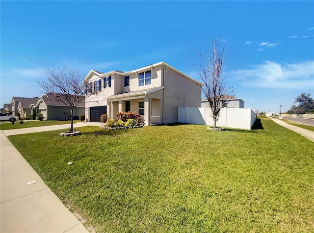 view of side of property featuring fence, an attached garage, stucco siding, concrete driveway, and a lawn