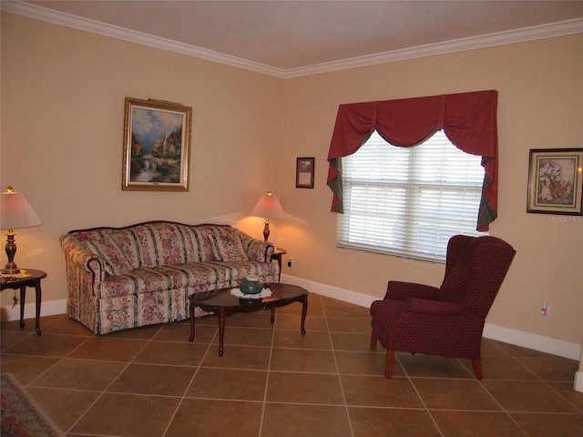 tiled living room with crown molding and baseboards