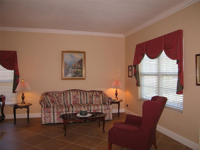 living area featuring baseboards, ornamental molding, and tile patterned flooring