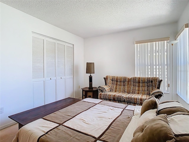 bedroom featuring a closet, multiple windows, and a textured ceiling