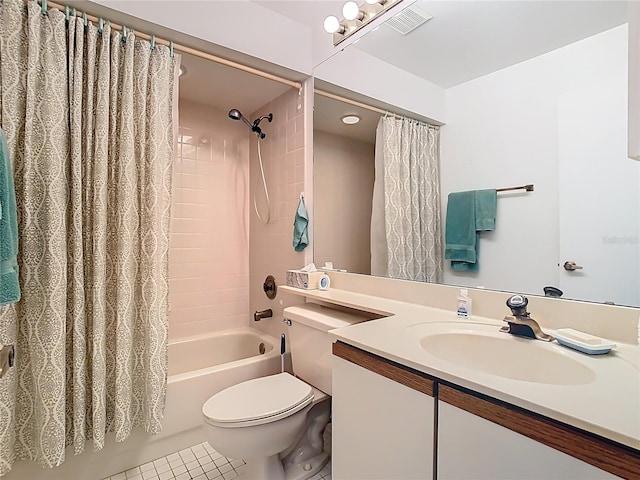 full bath featuring vanity, visible vents, tile patterned flooring, shower / bath combination with curtain, and toilet