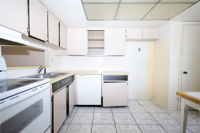 kitchen featuring open shelves, a sink, white appliances, light countertops, and decorative backsplash