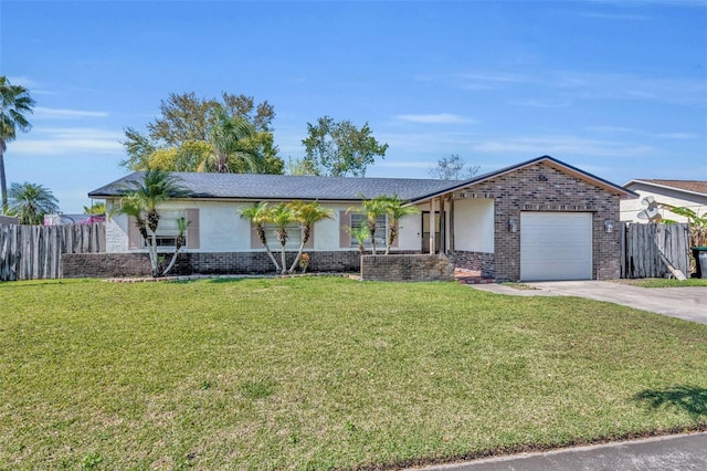 ranch-style house featuring brick siding, an attached garage, a front yard, and fence