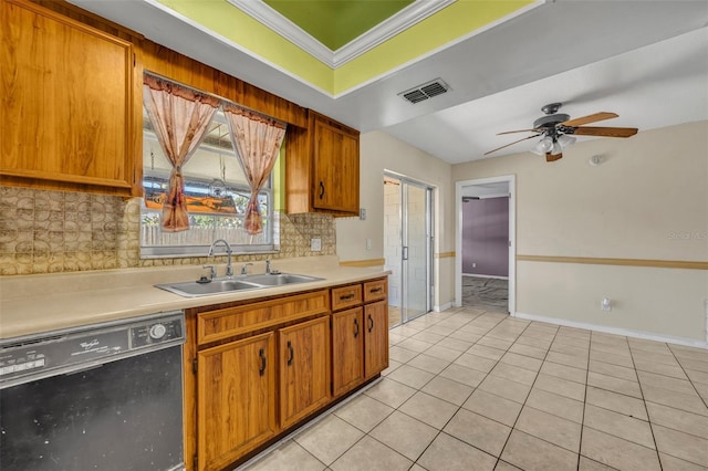 kitchen with visible vents, a sink, light tile patterned floors, dishwasher, and ceiling fan