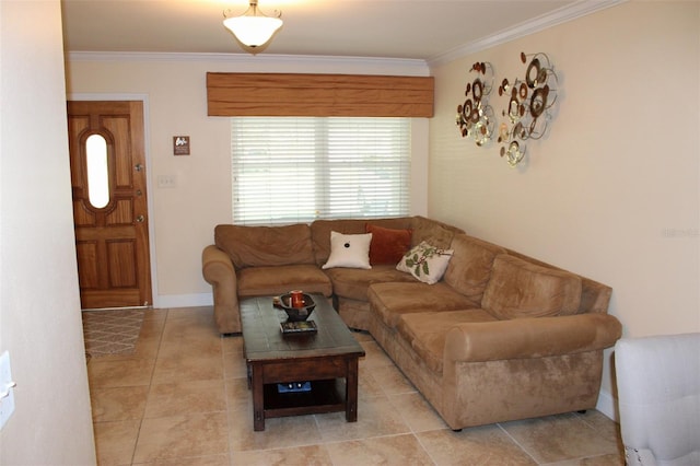 living room with baseboards and ornamental molding