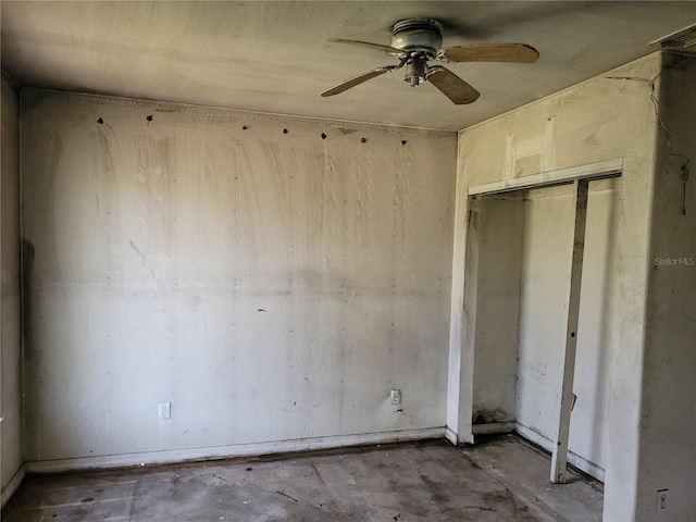 spare room with visible vents, concrete floors, and a ceiling fan