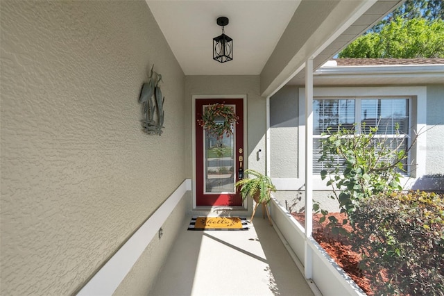 view of exterior entry with stucco siding