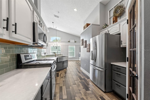 kitchen featuring a sink, dark wood finished floors, stainless steel appliances, decorative backsplash, and vaulted ceiling