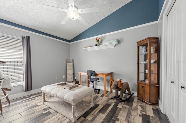 interior space featuring a closet, a textured ceiling, lofted ceiling, and wood finished floors