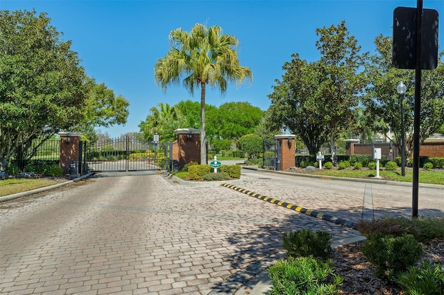 view of road featuring a gate, curbs, and a gated entry