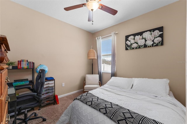 bedroom with baseboards, carpet, and a ceiling fan