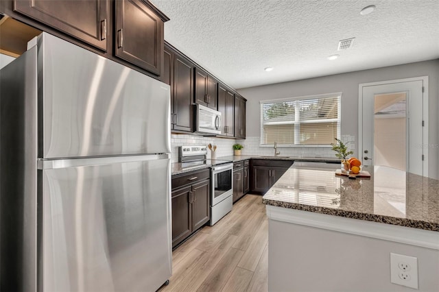 kitchen featuring dark stone counters, a sink, dark brown cabinetry, appliances with stainless steel finishes, and backsplash