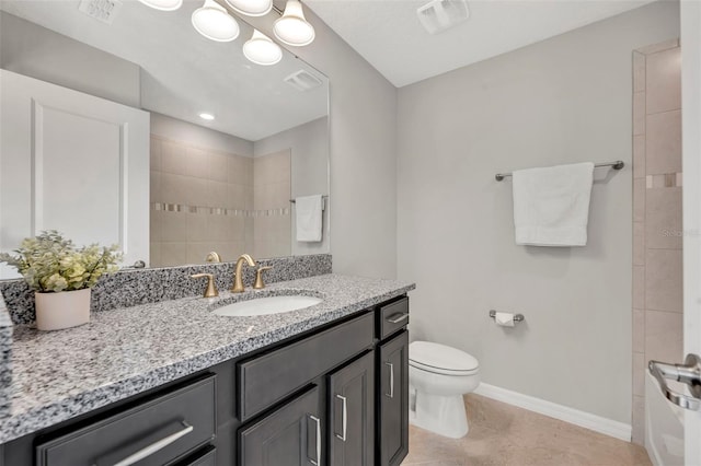 full bathroom with visible vents, baseboards, toilet, and vanity