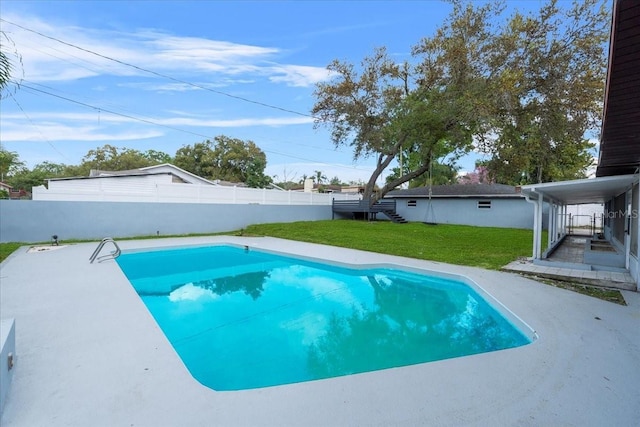 view of swimming pool with a yard, a fenced backyard, and a fenced in pool