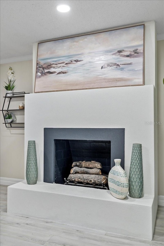 interior details with a fireplace with raised hearth