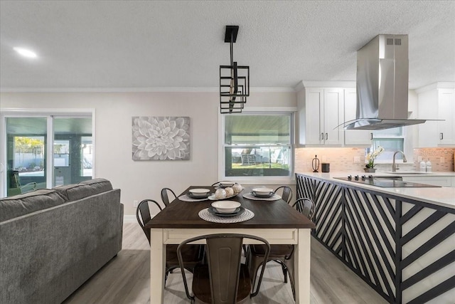 dining area featuring baseboards, a textured ceiling, crown molding, and light wood-style floors