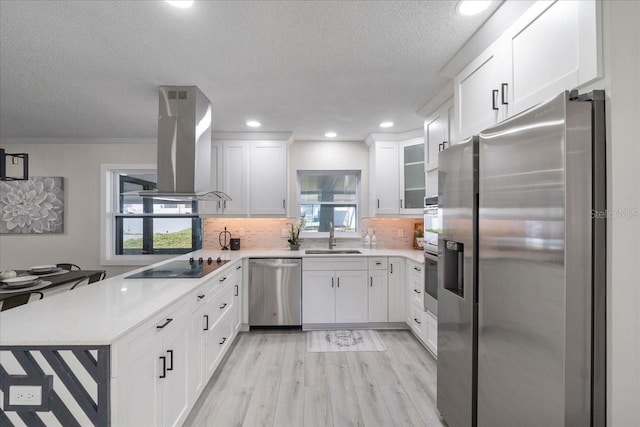 kitchen featuring a sink, white cabinetry, stainless steel appliances, a peninsula, and exhaust hood