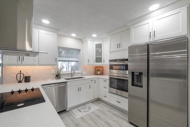 kitchen featuring a sink, white cabinets, appliances with stainless steel finishes, tasteful backsplash, and island range hood