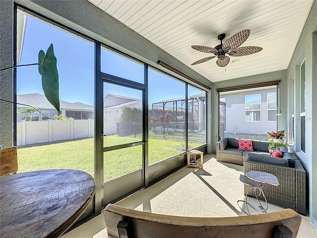 sunroom with wood ceiling and ceiling fan