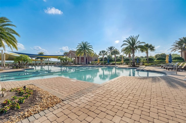 community pool featuring a patio and a water view