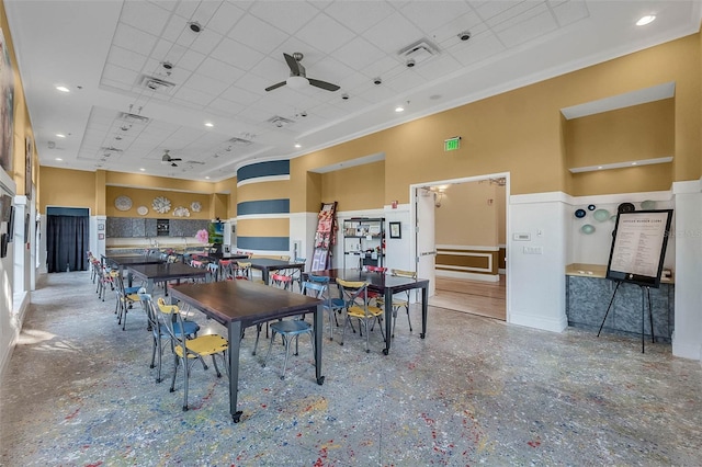 dining space featuring visible vents, ceiling fan, recessed lighting, a towering ceiling, and a paneled ceiling