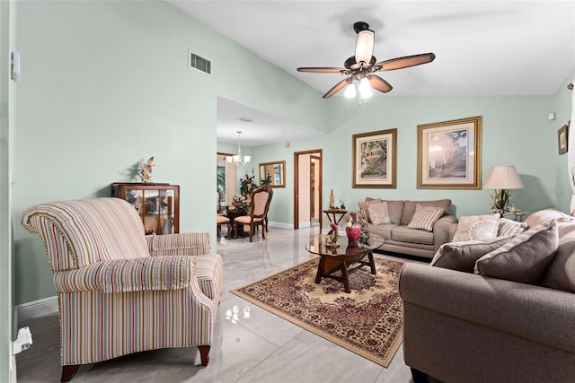 living area featuring visible vents, ceiling fan with notable chandelier, baseboards, and vaulted ceiling