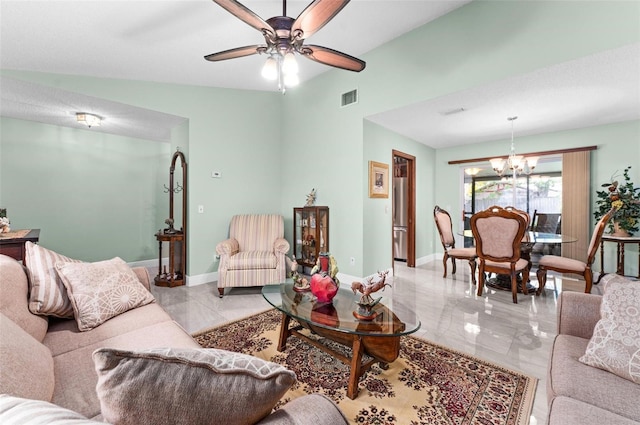 living room featuring visible vents, baseboards, marble finish floor, and ceiling fan with notable chandelier